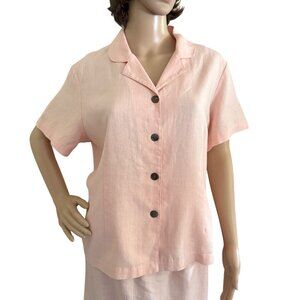 Y2K Orvis Pink Linen Short Sleeve Blouse Size 16P Button Front Shirt Retro